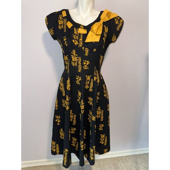 Vtg 60s Smartcraft Asian Inspired Dress Black Gold Textured Cotton Pinup Size 14 - Picture 2 of 8